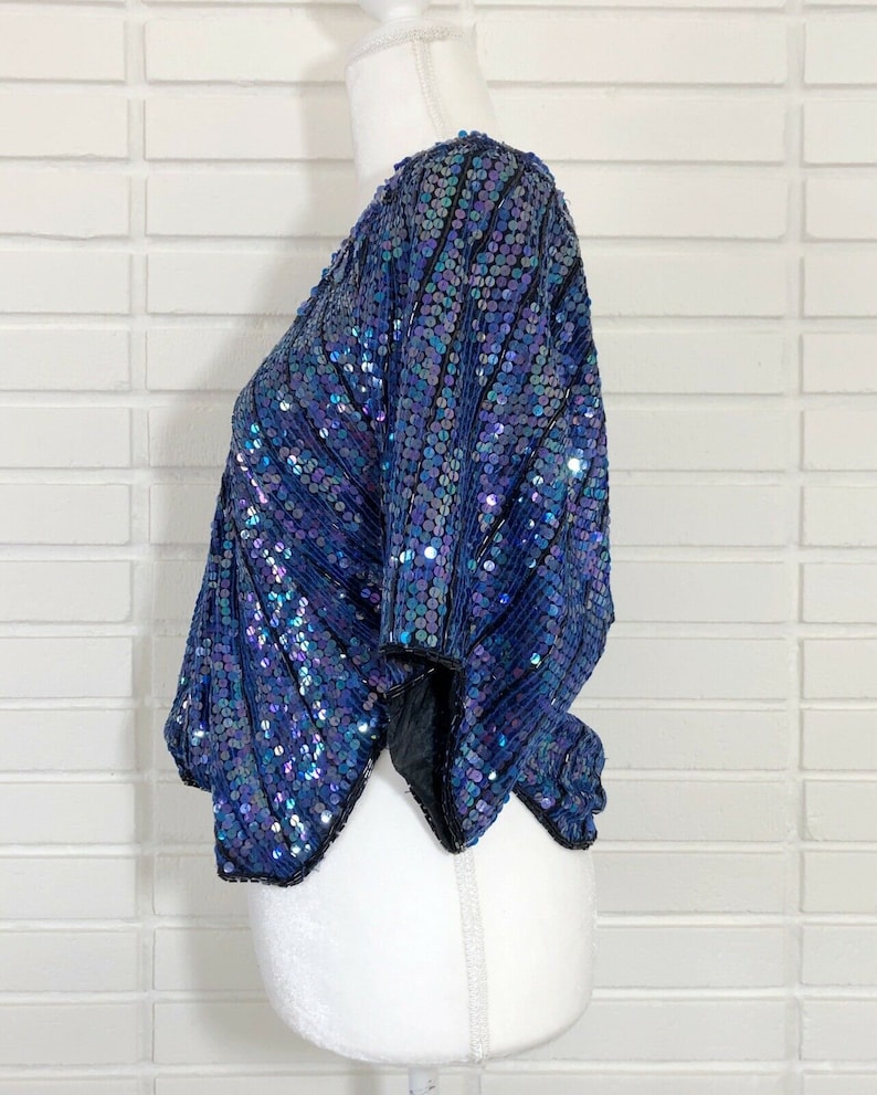 1980/'s 1990/'s Iridescent Blue Sequin Butterly Style Blouse Vintage