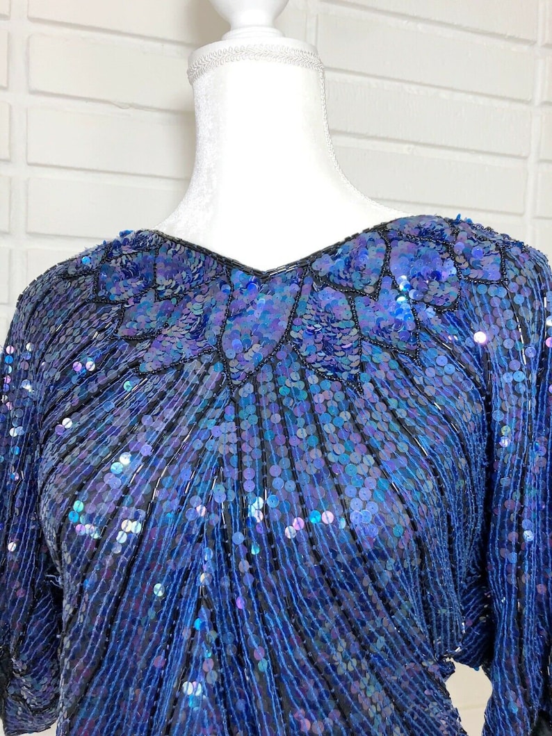 1980/'s 1990/'s Iridescent Blue Sequin Butterly Style Blouse Vintage