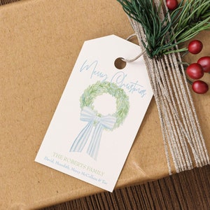 Christmas Gift Tags | Watercolor Wreath Personalized Holiday Gift Tags | Christmas Hang Tag | Christmas Sticker | Blue Stripe Bow Watercolor
