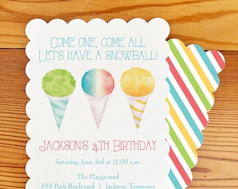 May include: A colorful invitation for Jackson's 4th birthday party. The invitation features a whimsical illustration of three snow cones in different colors. The text reads "Come one, come all, let's have a snowball!" and includes details about the party, including the date, time, location, and contact information.
