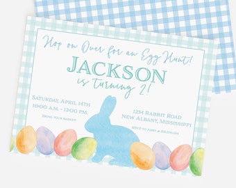 Easter Egg Hunt Invitation | Easter First Birthday | Boy Easter Birthday Invitation | Boy Egg Hunt Birthday | Watercolor Bunny | Dyed Eggs