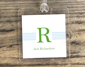 Personalized Monogram Bag Tags | Laminated Bag Tag | Kid Luggage Tag | Kids Bag Tag | Single Initial & Stripes | Stroller Tag | Backpack Tag