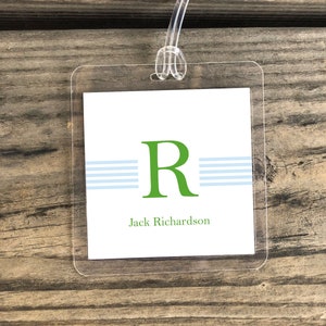 Personalized Monogram Bag Tags | Laminated Bag Tag | Kid Luggage Tag | Kids Bag Tag | Single Initial & Stripes | Stroller Tag | Backpack Tag