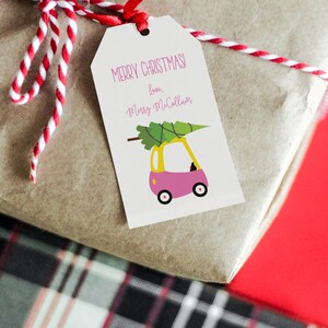 Personalized Holiday Gift Tags | Christmas Hang Tags | Kids Gift Stickers | Pink Toy Car Bringing Home the Christmas Tree | Pink Coupe
