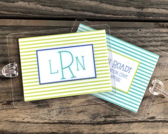 Personalized Luggage Tags | Graduation Gift | Monogram Bag Tag | Backpack Tag | Travel Tag | Stroller Tag | Turquoise Monogram & Stripes