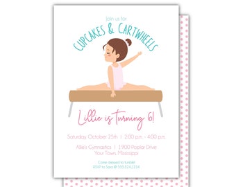 Gymnastics Birthday Party Invitation  | Gym Birthday Party | Girl Gymnastics Party | Tumbling Party | Cupcakes & Cartwheels