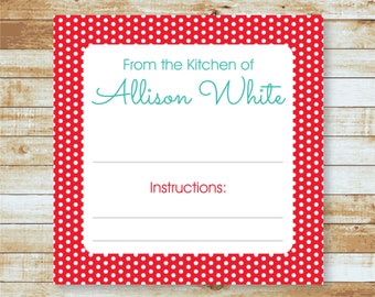 Personalized Food Labels | "From the Kitchen of" Stickers | Baked Goods Labels | Casserole Label | Reheat Instructions | Red Polka Dots