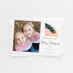 Watercolor Sleigh Christmas Card | Pink Sleigh Photo Card | Photo Christmas Card | Single Photo Card | Pastel Pink Christmas Card