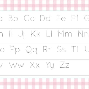 May include: A worksheet with dotted lines for tracing the English alphabet in uppercase and lowercase letters. The letters are arranged in rows, with each row containing 7 letters.