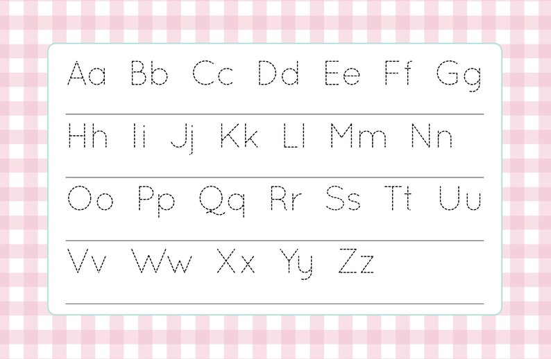 May include: A worksheet with dotted lines for tracing the English alphabet in uppercase and lowercase letters. The letters are arranged in rows, with each row containing 7 letters.