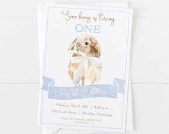 Bunny Birthday Invitation | Some Bunny is Turning One | Boy Birthday Invitation | First Birthday | Blue Gingham and Watercolor Bunny