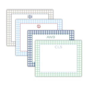 May include: Four different stationery note cards with gingham patterns in blue, light blue, green, and gray. The cards have a white border and a monogram in the center. The monograms are "RWM", "CLS", "AWB", and "CLS".