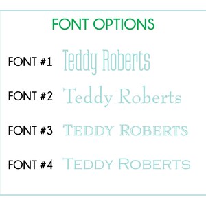 May include: Four font options for the name "Teddy Roberts" are displayed. The first two options are in a cursive font, the third and fourth options are in a sans-serif font.