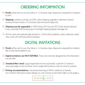 May include: A teal and white document with the heading "ORDERING INFORMATION" and bullet points detailing the ordering process for invitations. The document also includes information about digital invitations and file formats. The bottom of the document has the text "phoebe & emmet".