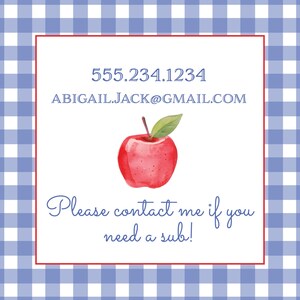 May include: A white card with blue text and a red apple illustration. The text reads "555.234.1234 ABIGAIL.JACK@GMAIL.COM Please contact me if you need a sub!"