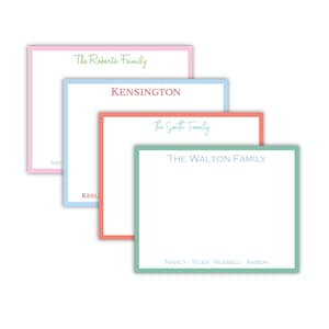 May include: Four personalized stationery cards with different colored borders and text. The top card has a pink border and reads "The Roberts Family." The second card has a blue border and reads "KENSINGTON." The third card has a coral border and reads "The Smith Family." The bottom card has a green border and reads "THE WALTON FAMILY."