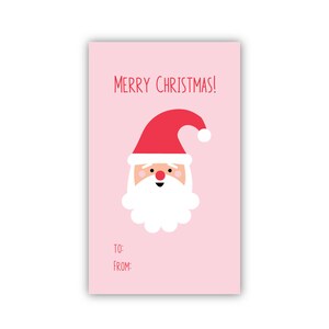 May include: A pink Christmas gift tag with a cartoon Santa Claus illustration. The tag reads "MERRY CHRISTMAS!" in red text, with space for "TO:" and "FROM:" at the bottom.