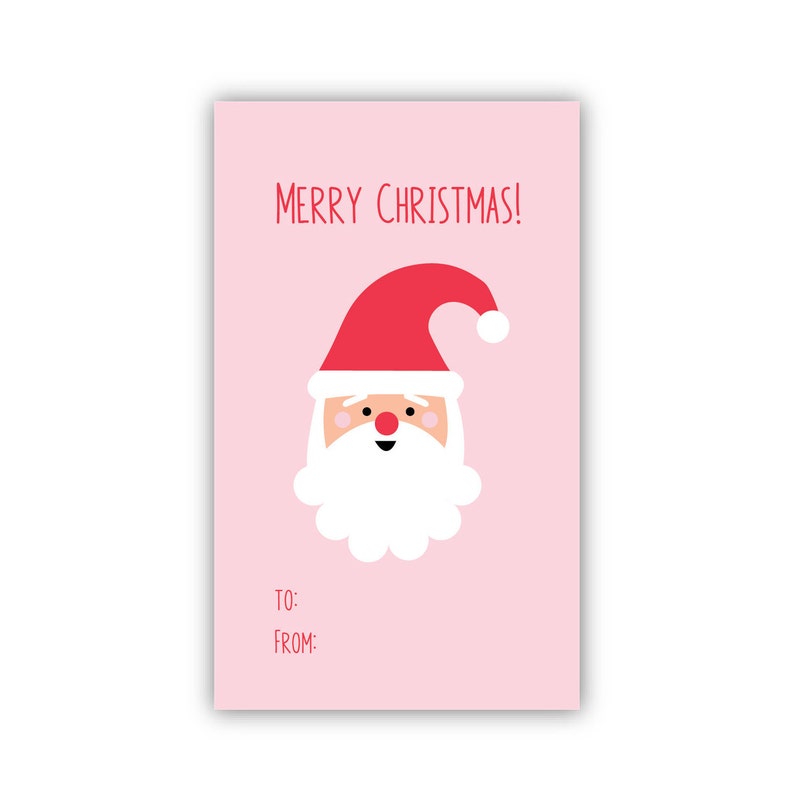 May include: A pink Christmas gift tag with a cartoon Santa Claus illustration. The tag reads "MERRY CHRISTMAS!" in red text, with space for "TO:" and "FROM:" at the bottom.