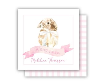 Personalized Bunny Gift Tags | Pink Gingham Calling Card | Enclosure Card | Bunny Gift Sticker | Baby Girl Gift | Watercolor Rabbit Gift Tag