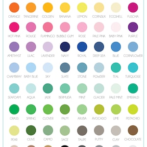 May include: Color chart with 100 different color swatches. Each color swatch is labeled with a name, such as "Cabernet", "Maroon", "Red", "Warm Red", "Salmon", "Coral", "Peach", "Blush", "Orange", "Tangerine", "Golden", "Banana", "Lemon", "Cornsilk", "Eggshell", "Fuschia", "Hot Pink", "Rouge", "Flamingo", "Bubble Gum", "Rose", "Pale Pink", "Baby Pink", "Purple", "Amethyst", "Lilac", "Lavender", "Navy", "Royal", "Deep Sea", "Blue", "Cornflower", "Chambray", "Baby Blue", "Sky", "Slate", "Stone", "Powder", "Teal", "Turquoise", "Seafoam", "Aqua", "Jade", "Bermuda", "Mint", "Glacier", "Pale Mint", "Emerald", "Grass", "Spring", "Clover", "Palm", "Aruba", "Avocado", "Lime", "Pistachio", "Pear", "Olive", "Camo", "Sage", "Taupe", "Putty", "Clay", "Chocolate", "Khaki", "Mocha", "Cafe", "Black", "Charcoal", "Gray", "Concrete", "Ash". The chart also includes the text "*Colors may vary slightly from your screen to final printed items*" and the logo "phoebe & emmet".