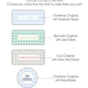 May include: Four different color combinations for personalized gingham labels with names. The labels feature a blue, green, gray, and blue gingham pattern with the names "James Williams" and "Luke Sanderson" printed in different colors.