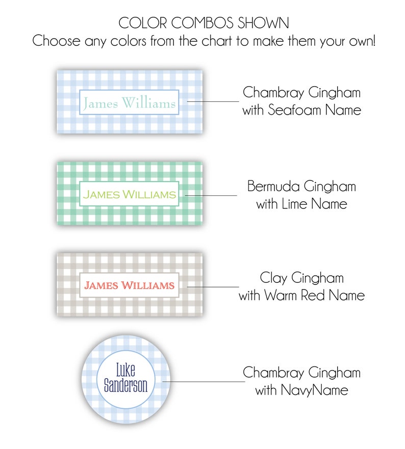 May include: Four different color combinations for personalized gingham labels with names. The labels feature a blue, green, gray, and blue gingham pattern with the names "James Williams" and "Luke Sanderson" printed in different colors.