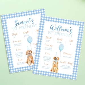 May include: Two personalized 1st birthday cards with blue gingham borders. Each card features a watercolor illustration of a dog with a party hat and balloon. The cards include the child's name, height, weight, and favorite things.