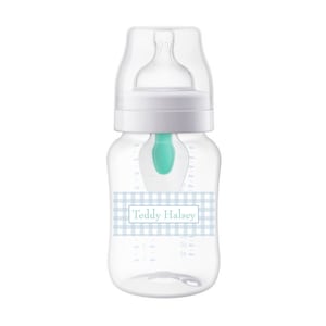 May include: A clear baby bottle with a white lid and a blue and white checkered label that says "Teddy Halsey".