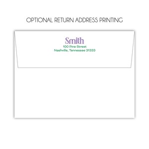 May include: A white envelope with the text "Smith" in purple, and the address "100 Pine Street, Nashville, Tennessee 31333" in green. The text "OPTIONAL RETURN ADDRESS PRINTING" is at the top.
