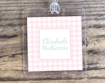 Personalized Pink Gingham Bag Tags | Kids Bag Tag | Kids Luggage Tag | Stroller Tag | Baby Pink Gingham | Girl Bag Tag | Diaper Bag Tag