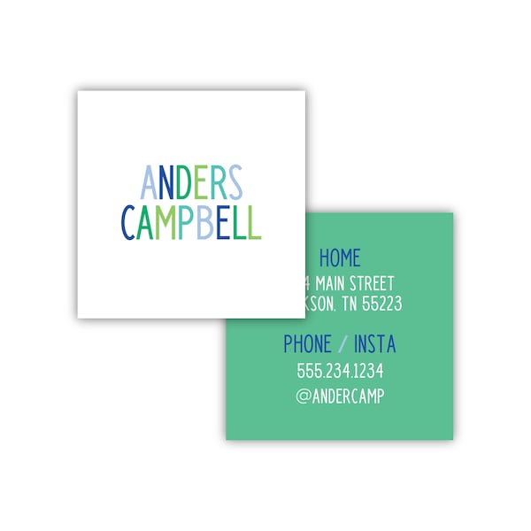 Personalized Camp Cards | Playdate Cards | Boy Info Card | Multi Color Blue & Green Card | Information Card | Boy Camp Card | Boy Playdate