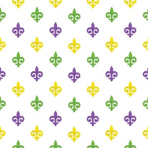 May include: A repeating pattern of fleur-de-lis symbols in yellow, green, and purple on a white background. The fleur-de-lis are evenly spaced and create a festive, celebratory design, perfect for Mardi Gras.