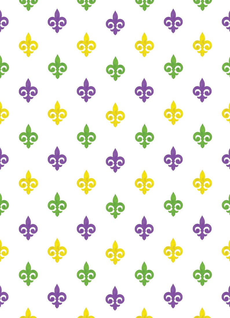 May include: A repeating pattern of fleur-de-lis symbols in yellow, green, and purple on a white background. The fleur-de-lis are evenly spaced and create a festive, celebratory design, perfect for Mardi Gras.