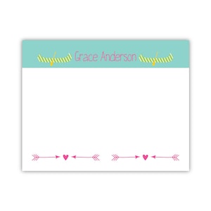 Personalized Flat Notecards | Kids Camp Stationery | Girl Stationery | Canoe Stationery | Flat Stationery | Hearts & Arrows Notecards | BOHO