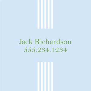 May include: A light blue business card with white vertical stripes on the top and bottom. The text "Jack Richardson" and the phone number "555.234.1234" are printed in green.