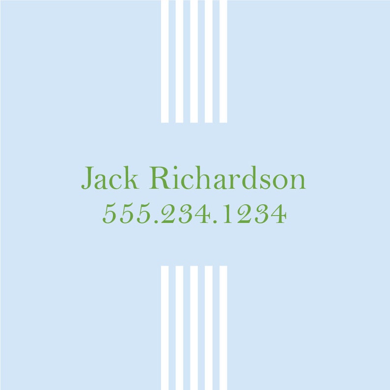 May include: A light blue business card with white vertical stripes on the top and bottom. The text "Jack Richardson" and the phone number "555.234.1234" are printed in green.