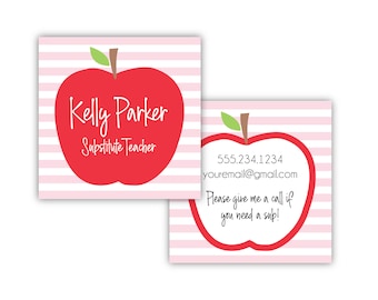 May include: Two red apple-shaped business cards with pink and white stripes. The first card has the text "Kelly Parker Substitute Teacher". The second card has the text "555.234.1234 youremail@gmail.com Please give me a call if you need a sub!"