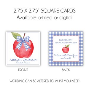May include: Two 2.75 inch square cards with a red apple and blue gingham bow on the front and a blue gingham background with contact information and the text "Please contact me if you need a sub!" on the back.