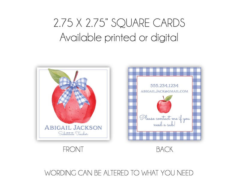 May include: Two 2.75 inch square cards with a red apple and blue gingham bow on the front and a blue gingham background with contact information and the text "Please contact me if you need a sub!" on the back.