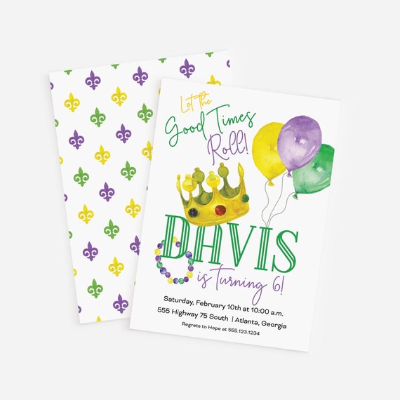 Mardi Gras Crown Birthday Party Invitation | Mardi Gras Parade Birthday | Watercolor Crown Balloons | Krewe Party | Let Good Times Roll