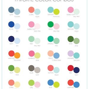 May include: A chart with 10 rows of color combinations. Each row has two circles, showing two colors that go well together. The colors include slate, powder, coral, aqua, seafoam, pistachio, bubble gum, pale mint, royal, sky, baby pink, grass, pale pink, navy, mint, pale mint, emerald, olive, sace, warm red, tangerine, flamingo, pear, peach, cornflower, lavender, seafoam, palm, pear, taupe, clay, salmon, aqua, red, navy, coral, cornsilk, lime, pale pink, blue, pistachio, warm red, and blue.