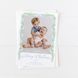 Watercolor Garland Christmas Card | Blue Bow and Greenery Christmas Card | Christmas Photo Card | Watercolor Photo Card | Merry Christmas