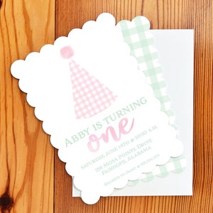 Party Hat Birthday Invitation | Girl 1st Birthday Invitation | 2nd Birthday | Scallop Girl Invitation | Watercolor Party Hat | Pink Gingham