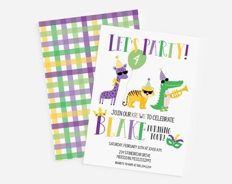 May include: A colorful party invitation with a purple, green, and yellow checkered background. The invitation features a giraffe, tiger, and alligator wearing party hats and sunglasses. The text reads "Let's Party!" and "Join our Krewe to Celebrate Blake Turning Four!"
