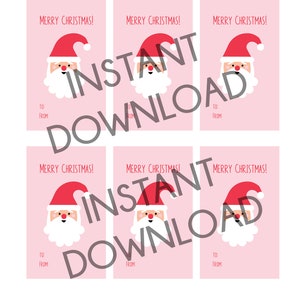 May include: Pink gift tags with a Santa Claus graphic and the text "MERRY CHRISTMAS!". Each tag features a red Santa hat, white beard, and space to write "TO" and "FROM".