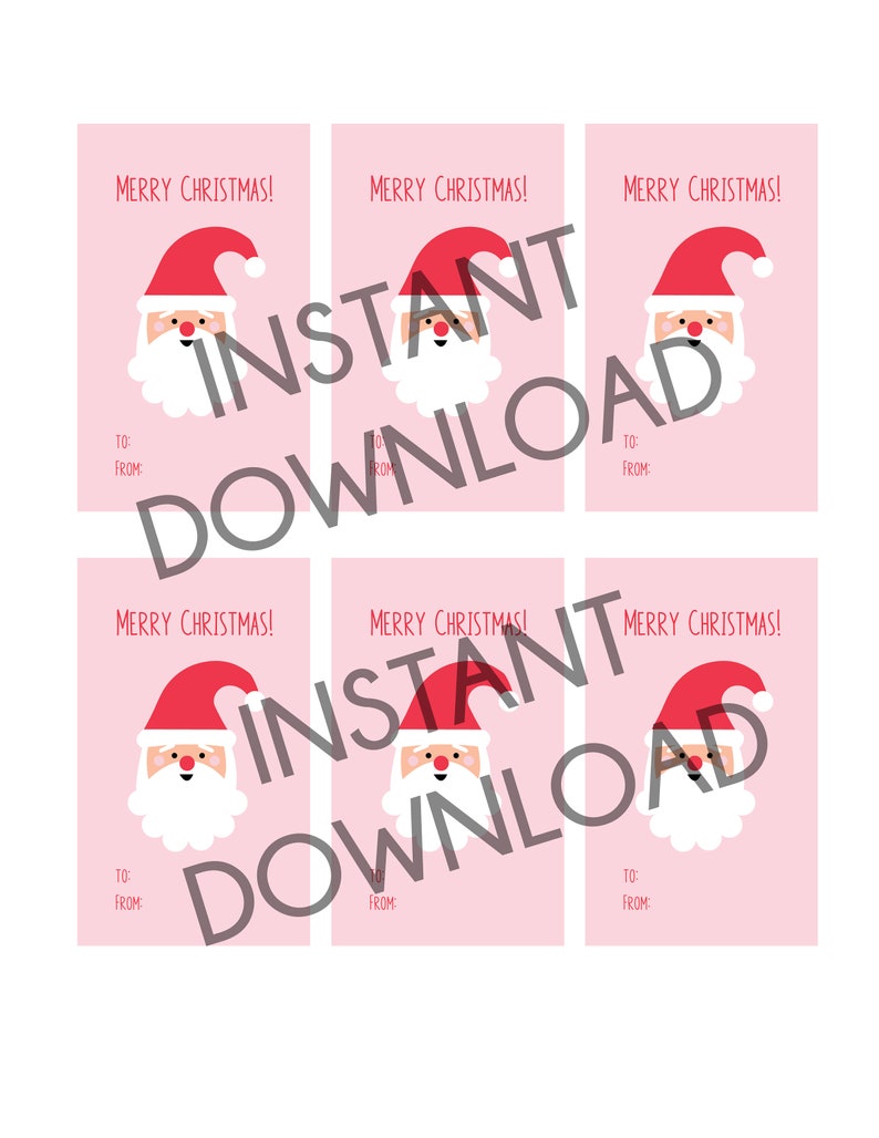 May include: Pink gift tags with a Santa Claus graphic and the text "MERRY CHRISTMAS!". Each tag features a red Santa hat, white beard, and space to write "TO" and "FROM".