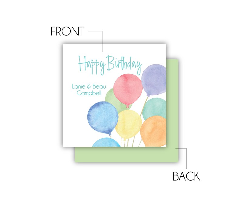 May include: Happy Birthday card with a watercolor illustration of colorful balloons. The card is white with blue text that says "Happy Birthday" and "Lanie & Beau Campbell".