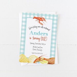Crawfish Boil Birthday Invitation | Kid Crawfish Birthday | Boy Birthday Invitation | First Birthday | Aqua Gingham and Watercolor Crawfish