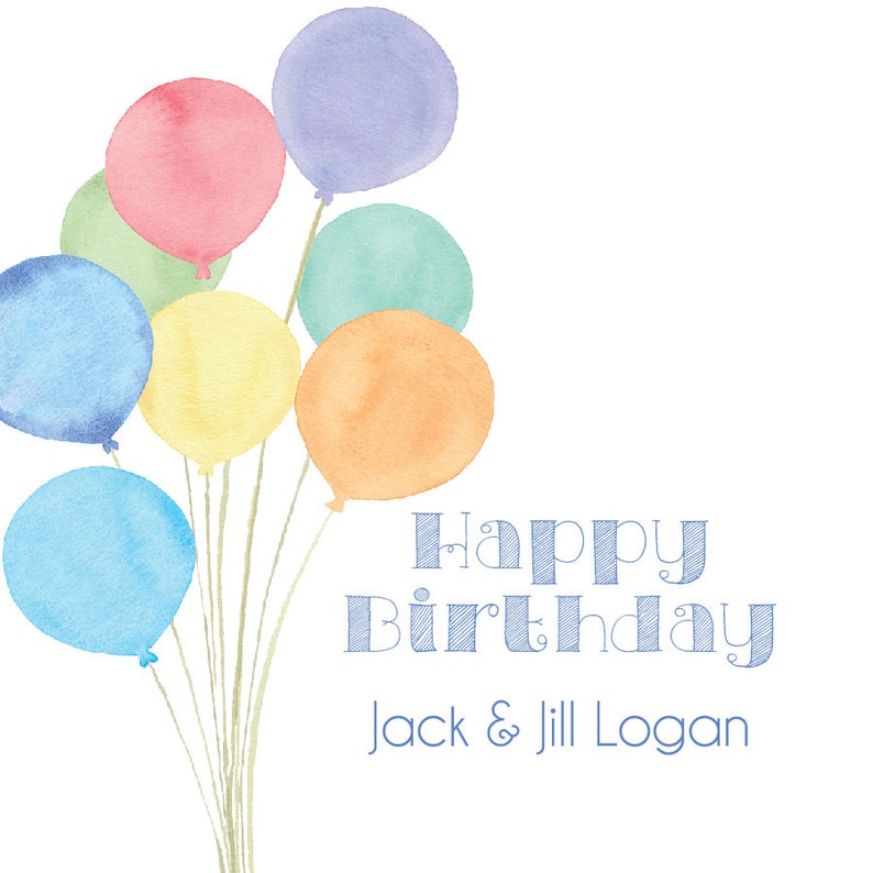 以下が含まれることがあります： 青い文字で「Happy Birthday Jack & Jill Logan」と書かれた、カラフルな風船の水彩画イラスト