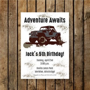 May include: A white invitation with a brown and gray jeep illustration. The text reads "Adventure Awaits Jack's 5th Birthday!" with details for the event: Sunday, April 2nd, 3:00 p.m., Bonita Lakes Park, Meridian, Mississippi. Regrets to Mom at 555.325.1234.